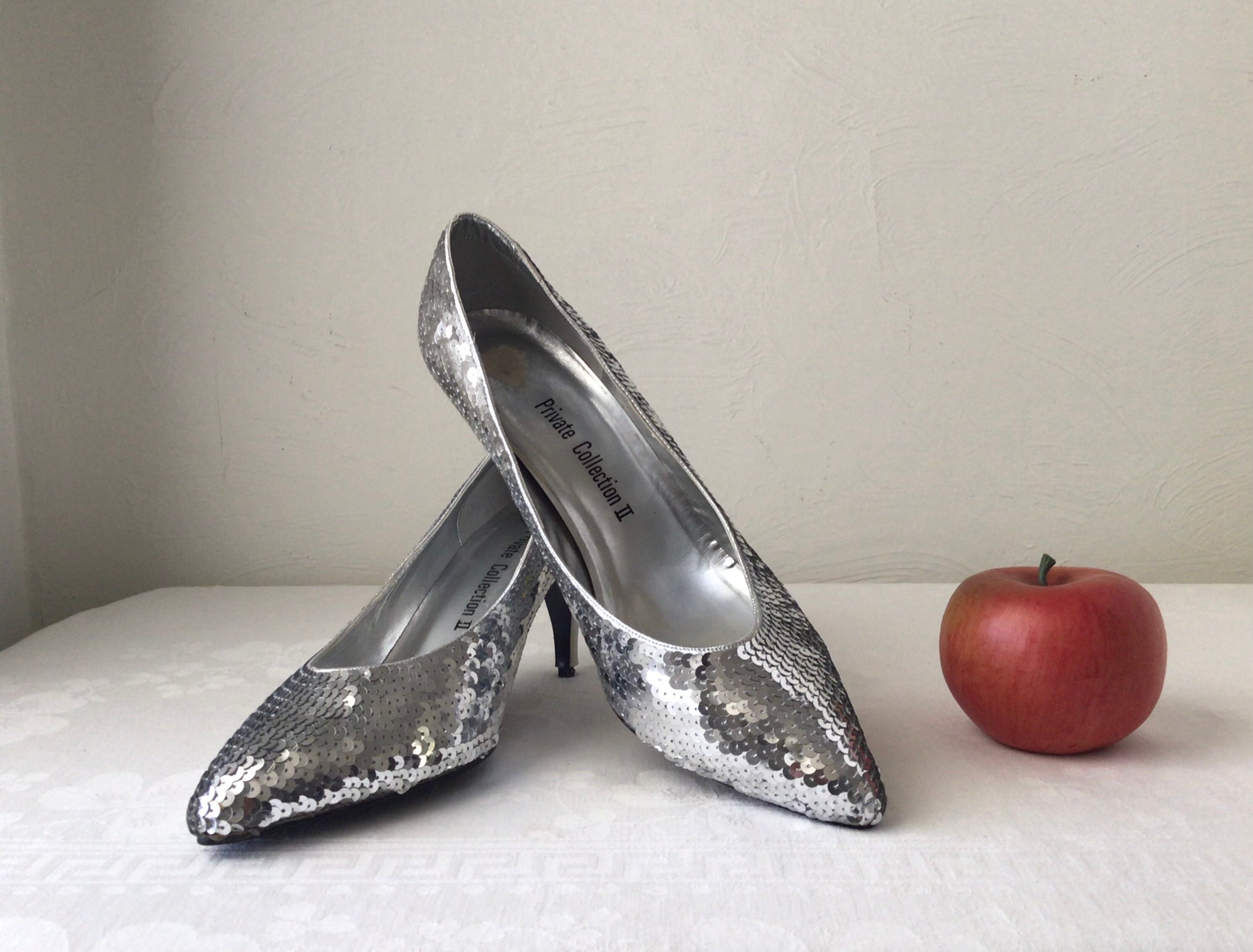 Silver sequin pumps, spike high heels, size 9 midcentury dressy shoes, vintage wedding bling, formal costume accessory fancy party wear gift