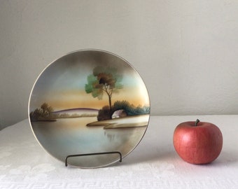 vintage Meito china plate, hand painted in japan, peaceful pastel serene view