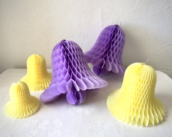 Honeycomb tissue wedding bells, vintage lavender yellow bridal shower decor