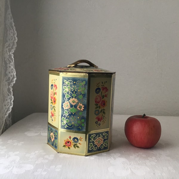 Vintage biscuit tin octagon oriental floral metal canister