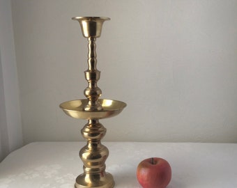 Large brass candleholder with drip tray, mantle vintage centerpiece