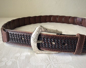 Hand tooled vintage brown leather link belt, size 32, engraved silver tone buckle