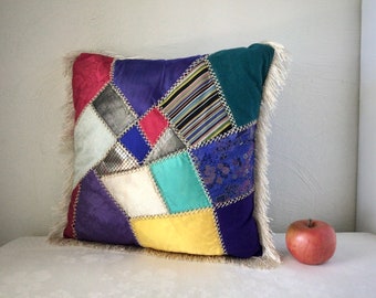 Crazy quilt pillow, patchwork fringed fabric, vintage embroidered boho throw cushion