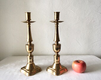 Tall vintage brass candlesticks, heavy ornate taper holders, MCM midcentury Hollywood regency