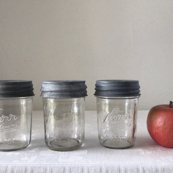 Kerr mason jars, ball zinc lids, half pint canning storage bottle, vintage food preserving