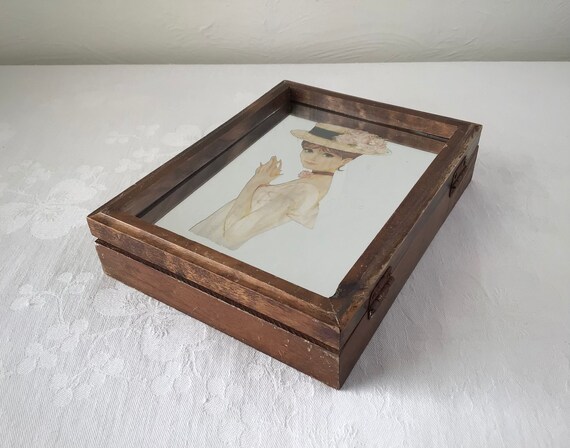 Midcentury jewelry box, wooden mirrored key case,… - image 5