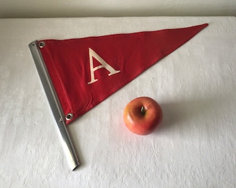 Vintage red letter A boat flag, chrome flagpole, nautical monogram collectible art