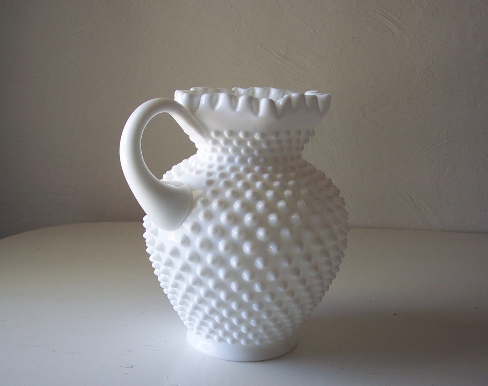 Vintage white milk glass hobnail pitcher with fluted edge Etsy