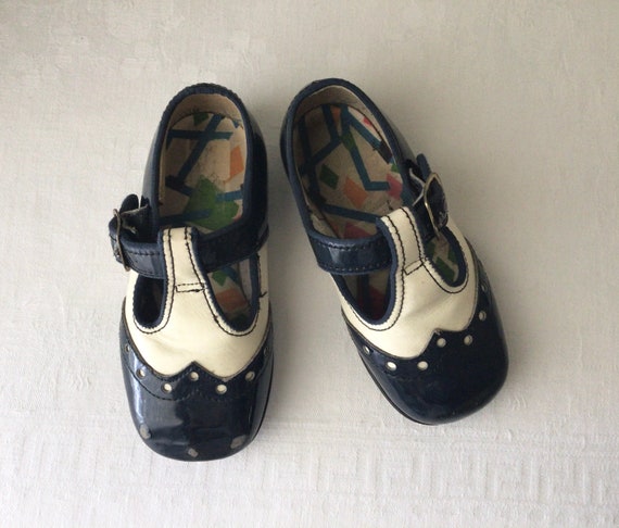 Childrens wingtip shoes, navy and white t strap o… - image 2