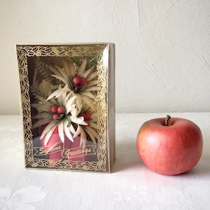 Christmas corsage brooch, vintage holiday red white flower pin, original box, glittery silver leaf, 1950s 1960s floral jewelry, in gift box