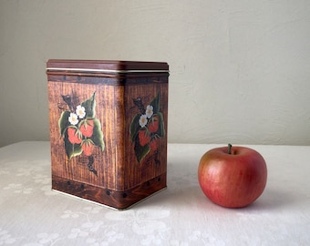 strawberry faux wood biscuit tin, vintage cookie canister, rectangular metal box