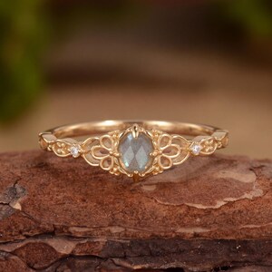 Fairy Oval Labradorite Engagement Ring Celtic Floral Moissanite Vine Band Nature Inspired Unique Promise Ring Mystical Blue Flash Jewelry