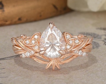 Unique Pear Cut Moissanite Celtic Knot Engagement Ring Set Rose Gold Handmade Nature Inspired Bridal Promise Ring Anniversary Gift For Women