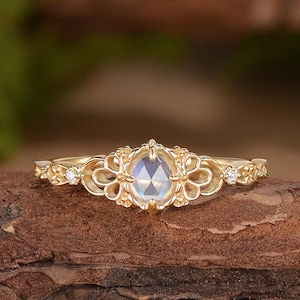 Fairy Oval Labradorite Engagement Ring Celtic Floral Moissanite Vine Band Nature Inspired Unique Promise Ring Mystical Blue Flash Jewelry