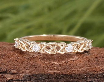3mm Celtic Knot Moissanite Wedding Band Yellow Gold Unique Wedding Ring Promise Ring Half Eternity Stackable Band Match Band Ring For Her
