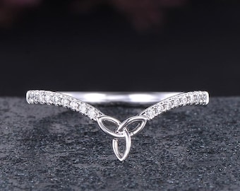Unique Celtic Curved Moissanite Wedding Band Women White Gold Matching Diamond Wedding Ring Stackable Promise Ring Anniversary Gift For Her