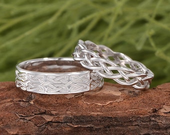 Celtic Spiral Knot Couple Promise Rings Set 14K Rose Gold Norse
