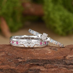 Ruby Aquamarine Claddagh Ring Set His Her Wedding Band Heart Crown Custom Birthstone Interlocking Celtic Romantic Irish Promise Ring Set