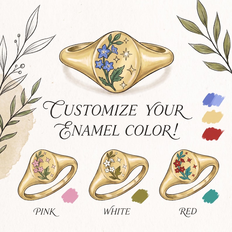 K&ouml;nnte beinhalten: Ein goldener Siegelring mit ovaler Platte, verziert mit gravierten Blumen- und Sternmotiven. Der Text CUSTOMIZE YOUR ENAMEL COLOR! steht &uuml;ber drei Ringvarianten mit rosa, wei&szlig;en und roten Emaille-Bl&uuml;tenbl&auml;ttern sowie gr&uuml;nen Bl&auml;ttern.