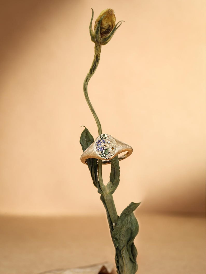 K&ouml;nnte beinhalten: Ein goldener Siegelring mit geb&uuml;rsteter Textur und ovaler Ringplatte. Die Platte ist mit einem kleinen, farbenfrohen Blumenmotiv aus violetten Bl&uuml;ten und gr&uuml;nen Bl&auml;ttern verziert, akzentuiert durch winzige, klare Steine und kleine Stern-Gravuren.