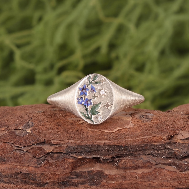 K&ouml;nnte beinhalten: Ein silberner Siegelring mit geb&uuml;rsteter Metalloberfl&auml;che und ovaler Ringplatte. Die Platte zeigt ein Emaille-Design aus blauen Blumen mit gr&uuml;nen Bl&auml;ttern und kleinen eingravierten Sternformen sowie zwei winzigen klaren Steinen.