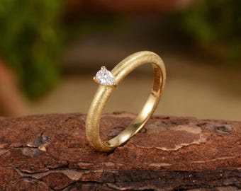 Unique Pear Moissanite Engagement Ring Gold Brushed Handcrafted Solitaire Band Classic Textured Vintage Inspired Promise Ring for Women
