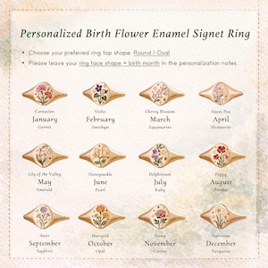 K&ouml;nnte beinhalten: Eine &Uuml;bersicht mit dem Titel Personalized Birth Flower Enamel Signet Ring zeigt zw&ouml;lf goldfarbene Siegelringe, die jeweils ein florales Emaille-Motiv passend zum Geburtsmonat, der Blume und dem Edelstein tragen, wahlweise in runder oder ovaler Form.