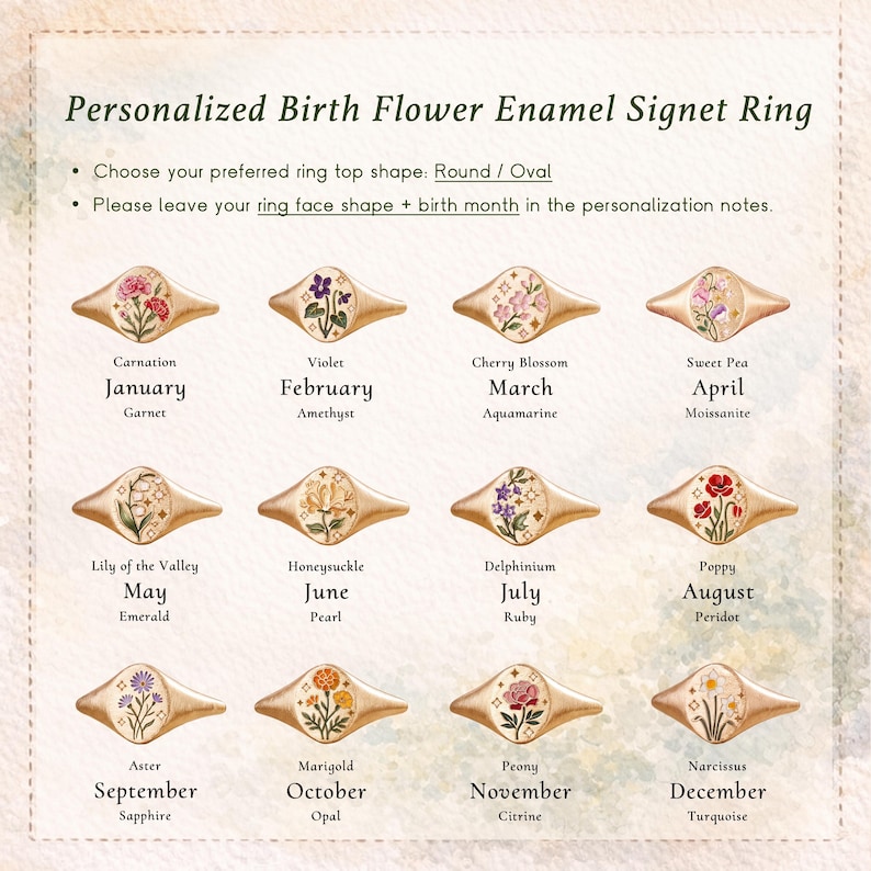 K&ouml;nnte beinhalten: Eine &Uuml;bersicht mit dem Titel Personalized Birth Flower Enamel Signet Ring zeigt zw&ouml;lf goldfarbene Siegelringe, die jeweils ein florales Emaille-Motiv passend zum Geburtsmonat, der Blume und dem Edelstein tragen, wahlweise in runder oder ovaler Form.