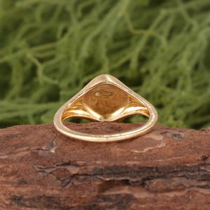 K&ouml;nnte beinhalten: Ein goldener Siegelring mit einer glatten, polierten Ringschiene und einer flachen, schildf&ouml;rmigen Oberseite. In der Mitte der Ringfl&auml;che befindet sich ein kleiner, einzelner, klarer Stein, der einen Lichtpunkt auf der goldenen Oberfl&auml;che bildet.