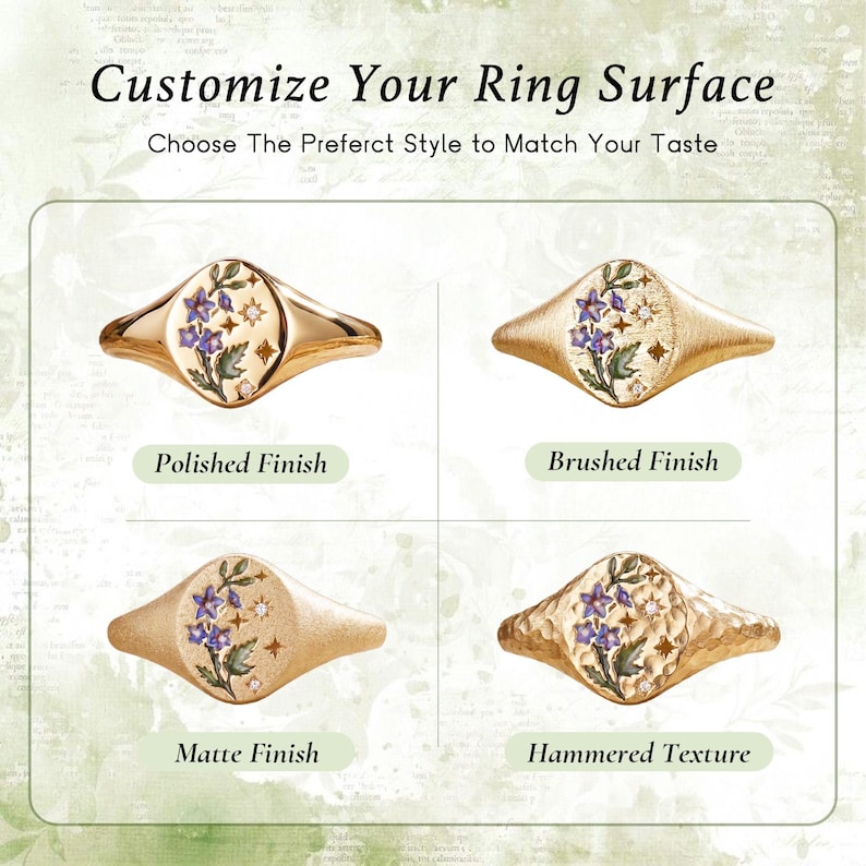 K&ouml;nnte beinhalten: Vier goldfarbene Ringe mit einem Blumenmuster aus violetten Bl&uuml;ten, gr&uuml;nen Bl&auml;ttern und kleinen Sternen. Der Text lautet Customize Your Ring Surface, Choose The Preferct Style to Match Your Taste, Polished Finish, Brushed Finish, Matte Finish und Hammered Texture.