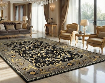Black Gold Baroque Floral Rug, Ornate Vintage Area Carpet, Washable Non-Slip Home Decor