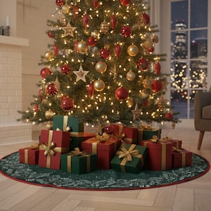 Könnte beinhalten: Ein geschmückter Weihnachtsbaum mit Ornamenten und Lichtern, umgeben von verpackten Geschenken. Ein Kamin mit brennendem Feuer befindet sich links, und ein gemütlicher Sessel mit einer Decke befindet sich rechts.