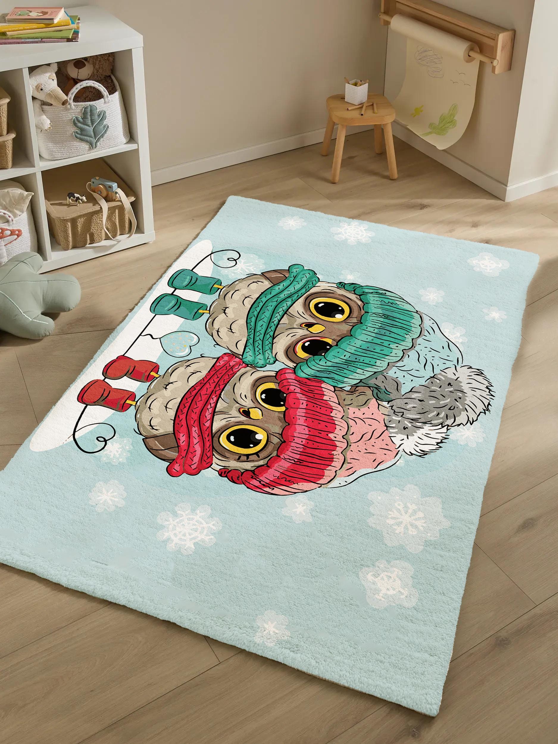 Turkish Owl Pattern Kids Rug &ndash; Washable, Non-Slip Nursery Floor Mat
