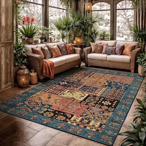 Dywan w stylu kilimu w kolorze turkusowym, zmywalny w stylu vintage boho