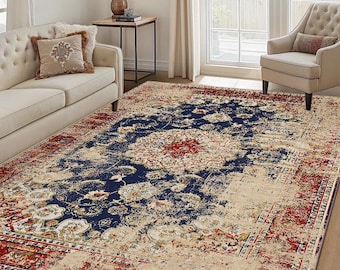 Turkish Medallion Rug – Distressed Traditional Floral Washable Non-Slip Area Carpet