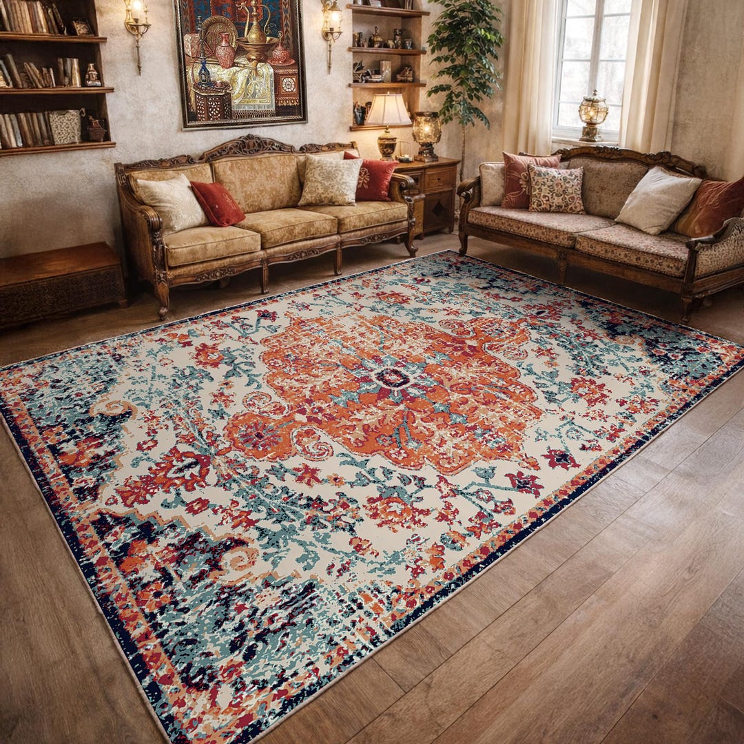 Devora Digital Rug Ivory Medallion Digital Vintage Rug, Terracotta & Teal Floral Pattern ...