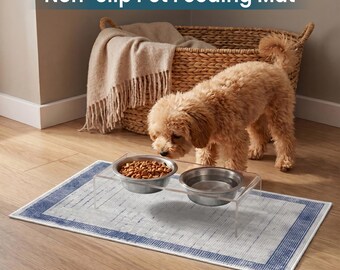Personalized Blue Pet Feeding Mat,Custom Dog Bowl Rug,Washable Non Slip Cat Food Mat,Coastal Farmhouse Pet Decor