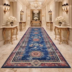 May include: A long, rectangular blue rug with a detailed floral pattern and a red border. The rug features a central design with circular and floral motifs, suitable for a hallway or entryway.