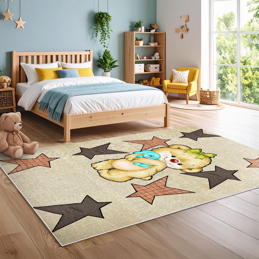 Woodland Bear Nursery Rug – Star Pattern Play Mat, Washable Kids Carpet ...