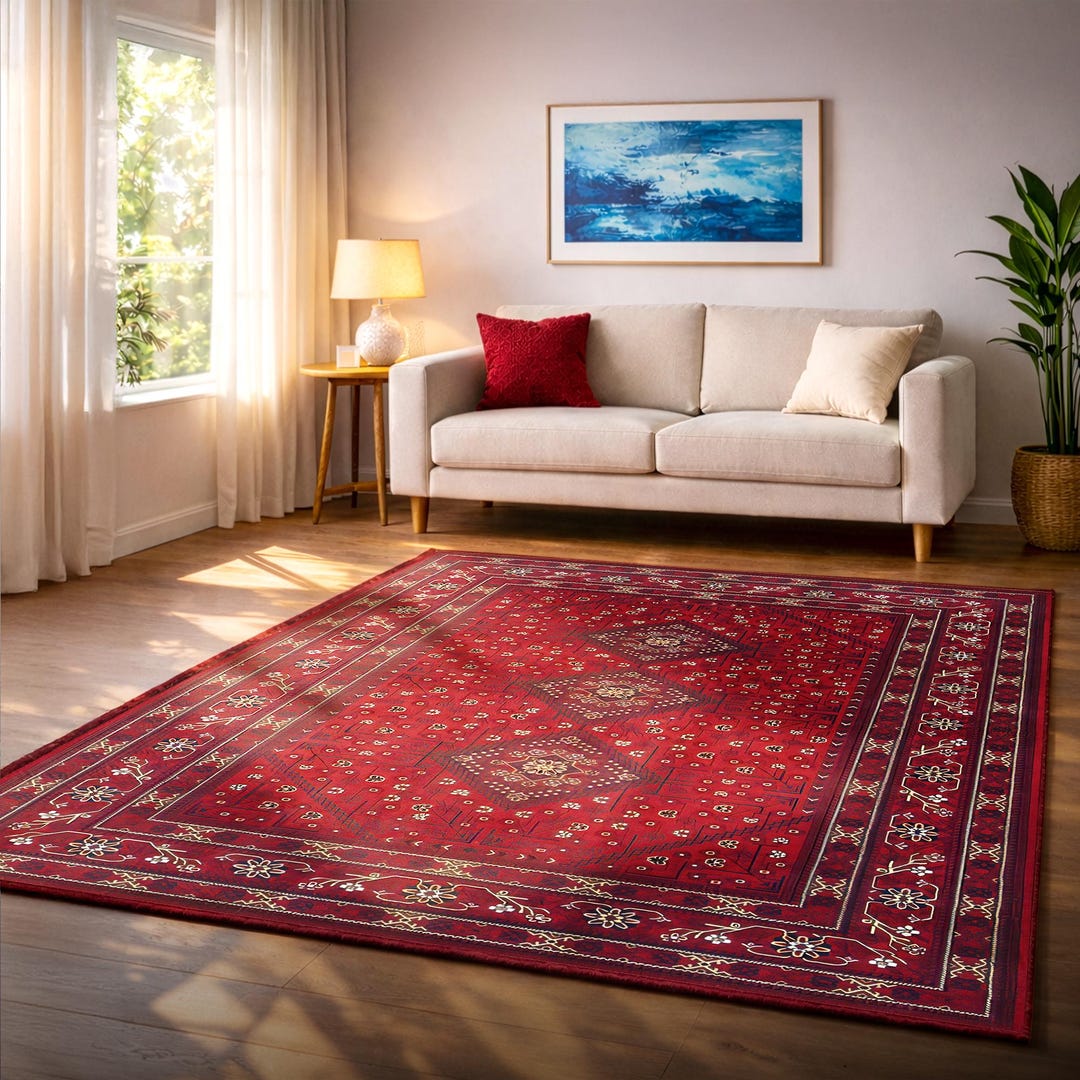 Deep Red Area Rug Deep Red Vintage Medallion Rug – Traditional Geometric Pattern ...