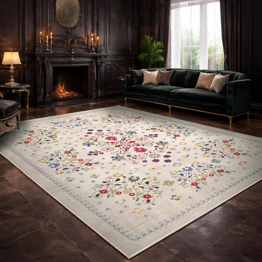 Traditional European Style Rug Beige Floral Area Rug, Traditional European Style Carpet, Neutral ...
