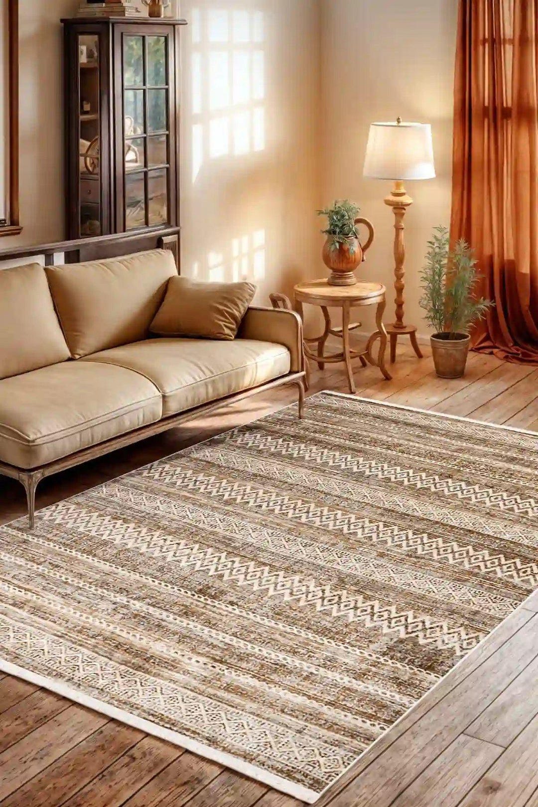 Tribal Mink Woven Area Rug – Washable Flatweave Carpet, 7mm Low