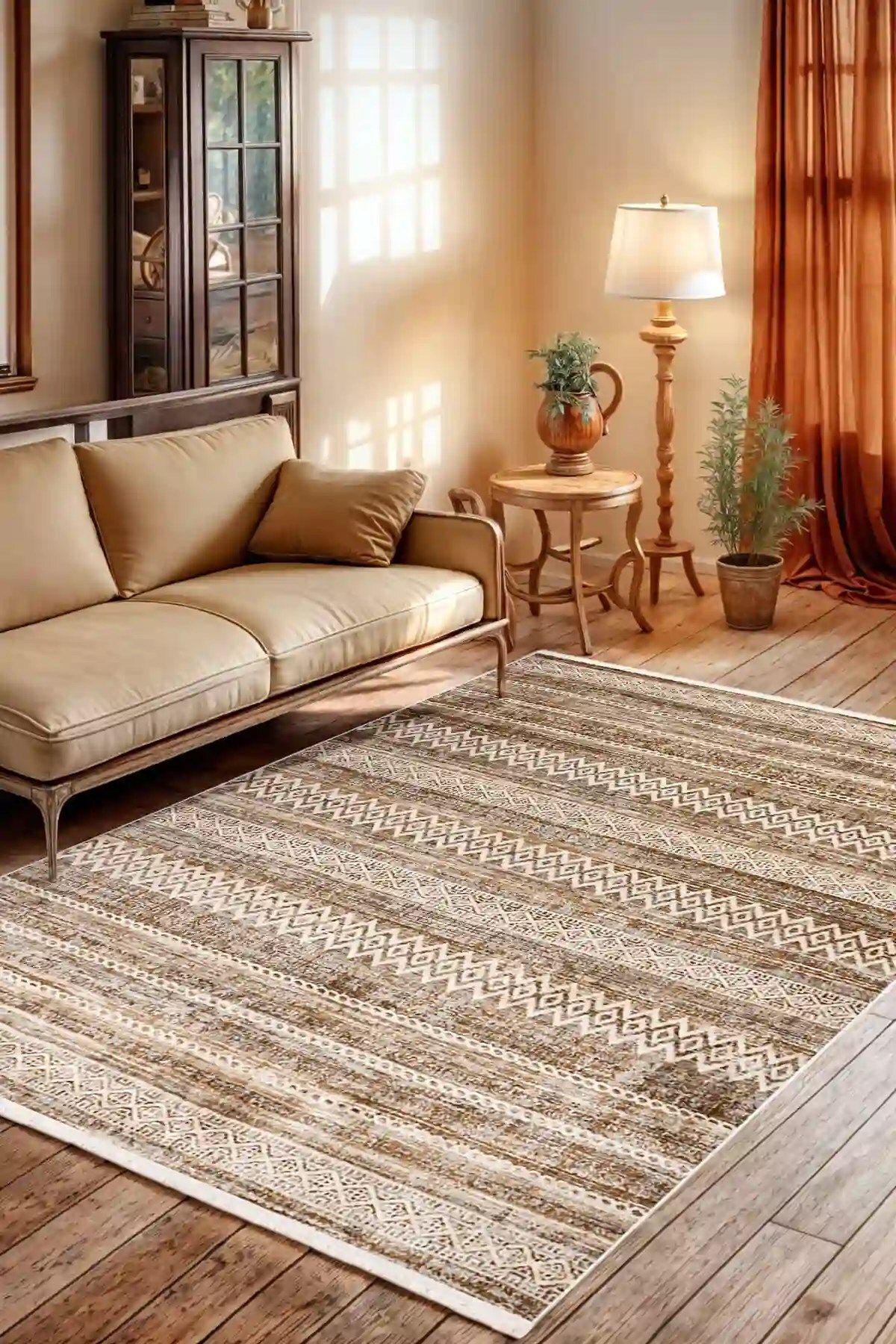 Tribal Mink Woven Area Rug – Washable Flatweave Carpet, 7mm Low