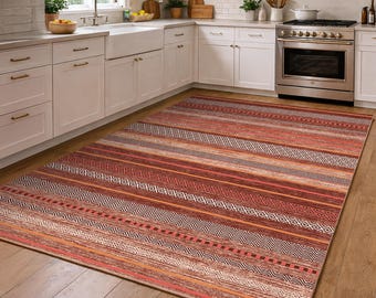 Tappeto da cucina in terracotta stile boho kilim, tappetino antiscivolo a righe per il pavimento