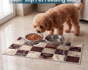 Alfombra de alimentación para mascotas estilo bohemio, lavable y antideslizante para comederos de perros y gatos, alfombra para mascotas estilo kilim del suroeste, alfombra decorativa para área de alimentación.