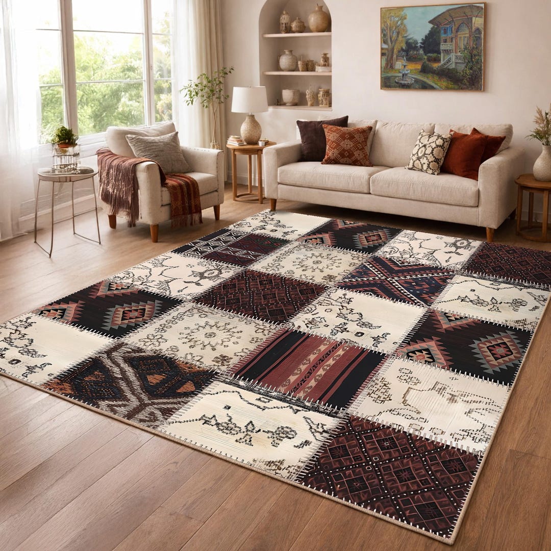 Tonal Patchwork Rug Patchwork Geometric Area Rug, Earth Tone Ethnic Kilim Style Carpet - Etsy