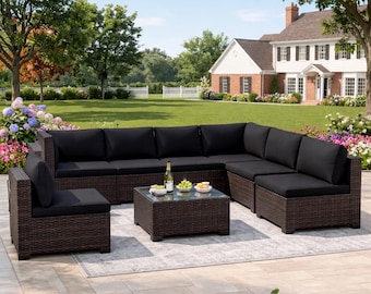 7pcs Outdoor Patio Furniture Sets, Rattan Conversation Sectional Set, Manual Weaving Wicker Patio Sofa With Tea Table