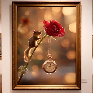 May include: A framed artwork featuring a red rose, a squirrel, and a pocket watch. The squirrel perches on a stem, while the watch hangs from the rose. The artwork has a gold frame and is displayed in a gallery setting.