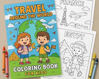 Travel Around the World – Kids Coloring Book | Educational Printable | 10 Pages | A4 PDF | Instant Download