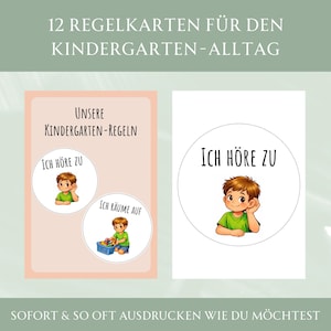 Op de afbeelding: Educatieve kaarten in het Duits voor gebruik in de kleuterschool. De kaarten tonen illustraties van een kind en zinnen als "Ich Höre Zu" (Ik luister) en "Ich Räume Auf" (Ik ruim op). De tekst "12 Regelkarten" is zichtbaar.